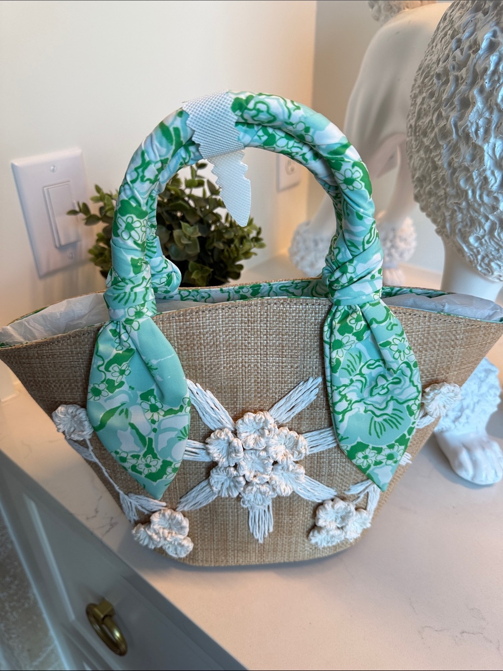 Lilly Pulitzer Green Floral-Trim Straw Tote